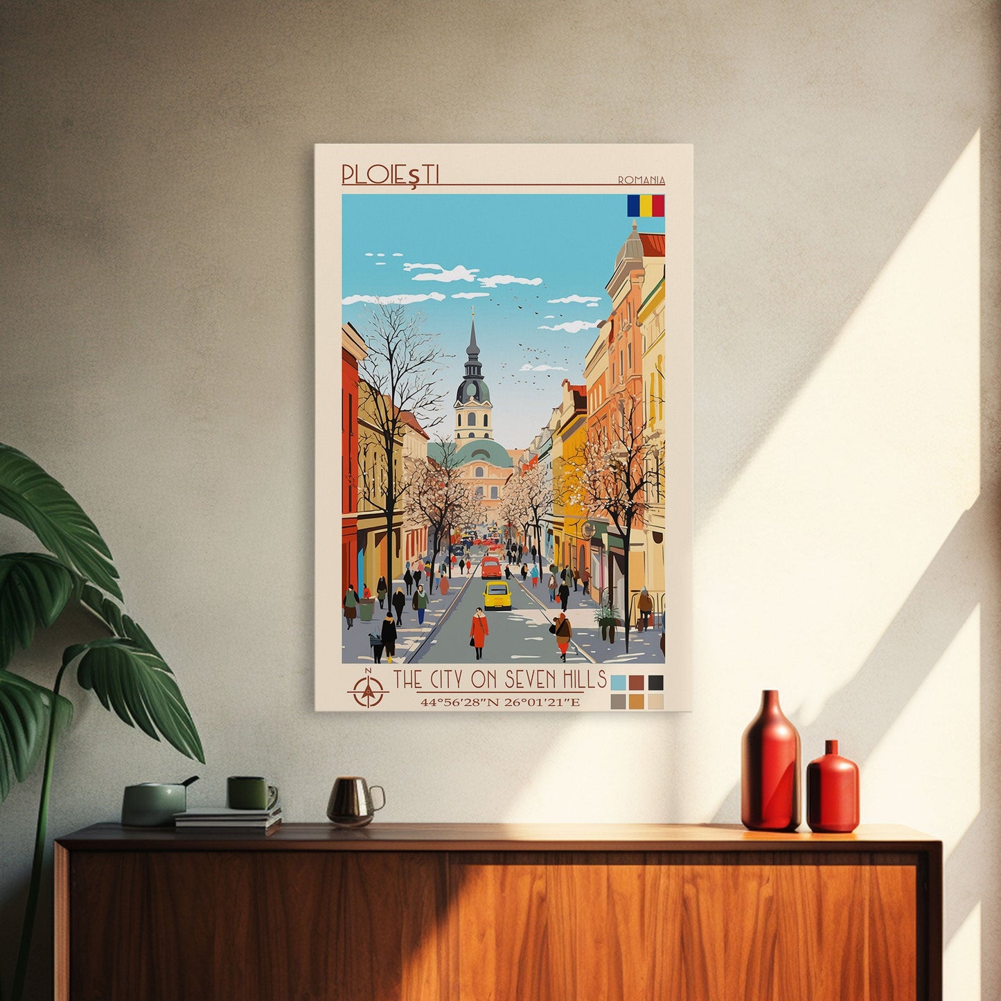 Ploiești Romania Travel Poster Framed Canvas Print, Midcentury Modern Art, Pop Art Wall Decor, Scenic Wall Art, Bedroom Decoration