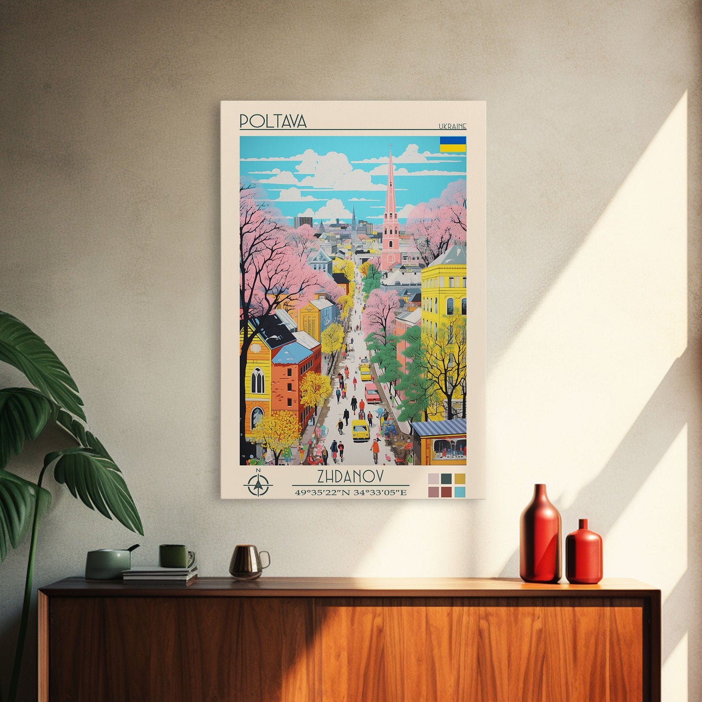 Poltava Ukraine Travel Poster Framed Canvas Print, Midcentury Modern Art, Pop Art Wall Decor, Scenic Living Room Art, Bedroom Gift