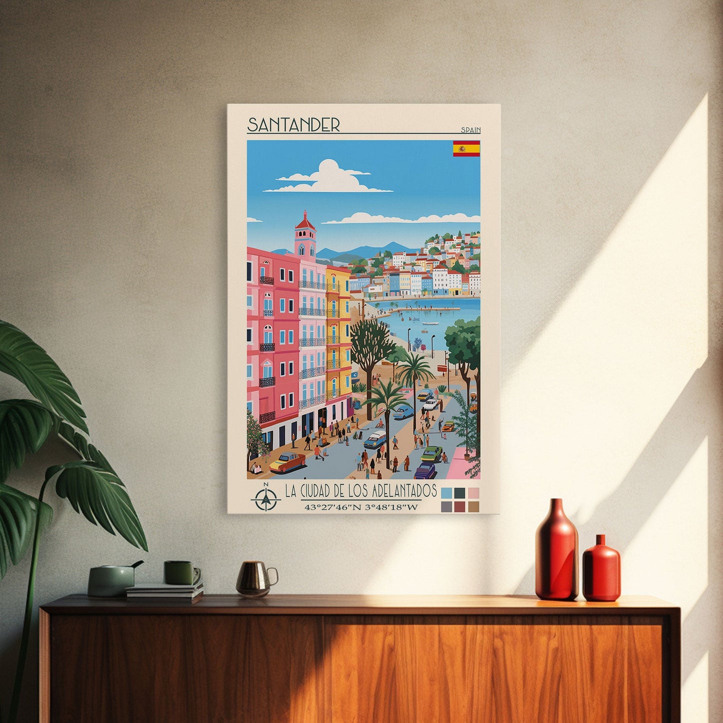 Santander Spain Travel Poster Framed Canvas Print, Midcentury Modern Art, Pop Art Wall Decor, Scenic Wall Art, Vacation Gift