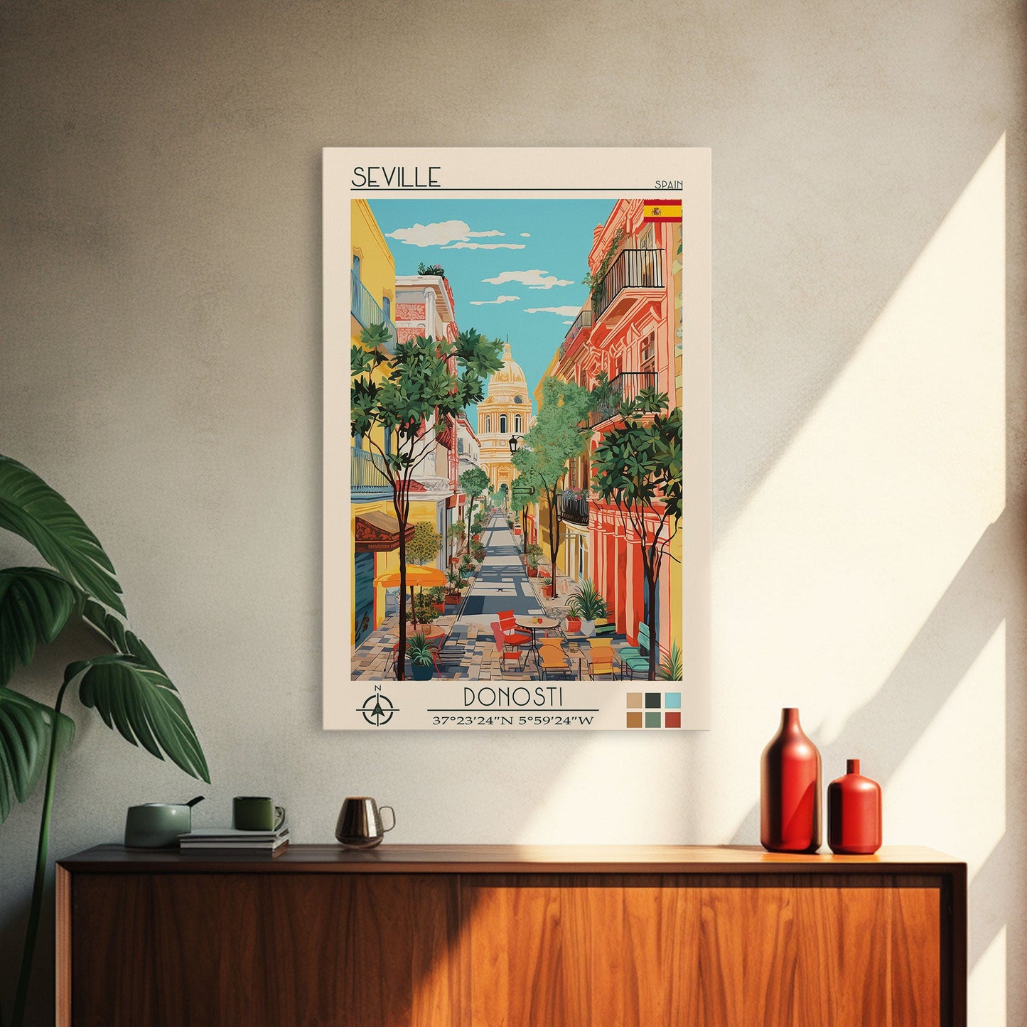 Seville Spain Travel Poster Framed Canvas Print, Midcentury Modern Art, Pop Art Wall Decor, Living Room Art, Home Decoration