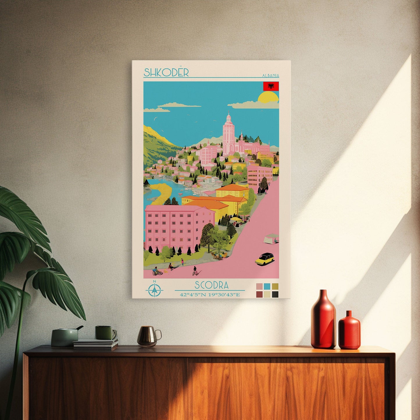 Shkodër Albania Travel Poster Framed Canvas Print, Midcentury Modern Art, Pop Art Wall Decor, Scenic Wall Art, Bedroom Decoration