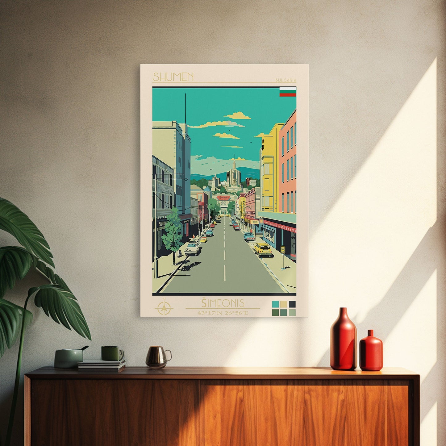 Shumen Bulgaria Travel Poster Framed Canvas Print, Midcentury Modern Art, Pop Art Wall Decor, Home Decor, Office Decoration, Scenic Art