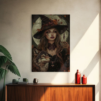Die Hexe und der Wolf, Gruseliges Halloween-Wandbild, gerahmter Leinwanddruck, Gruselsaison, Hexenbild, Halloween-Dekoration und -Kunst, Saisonales