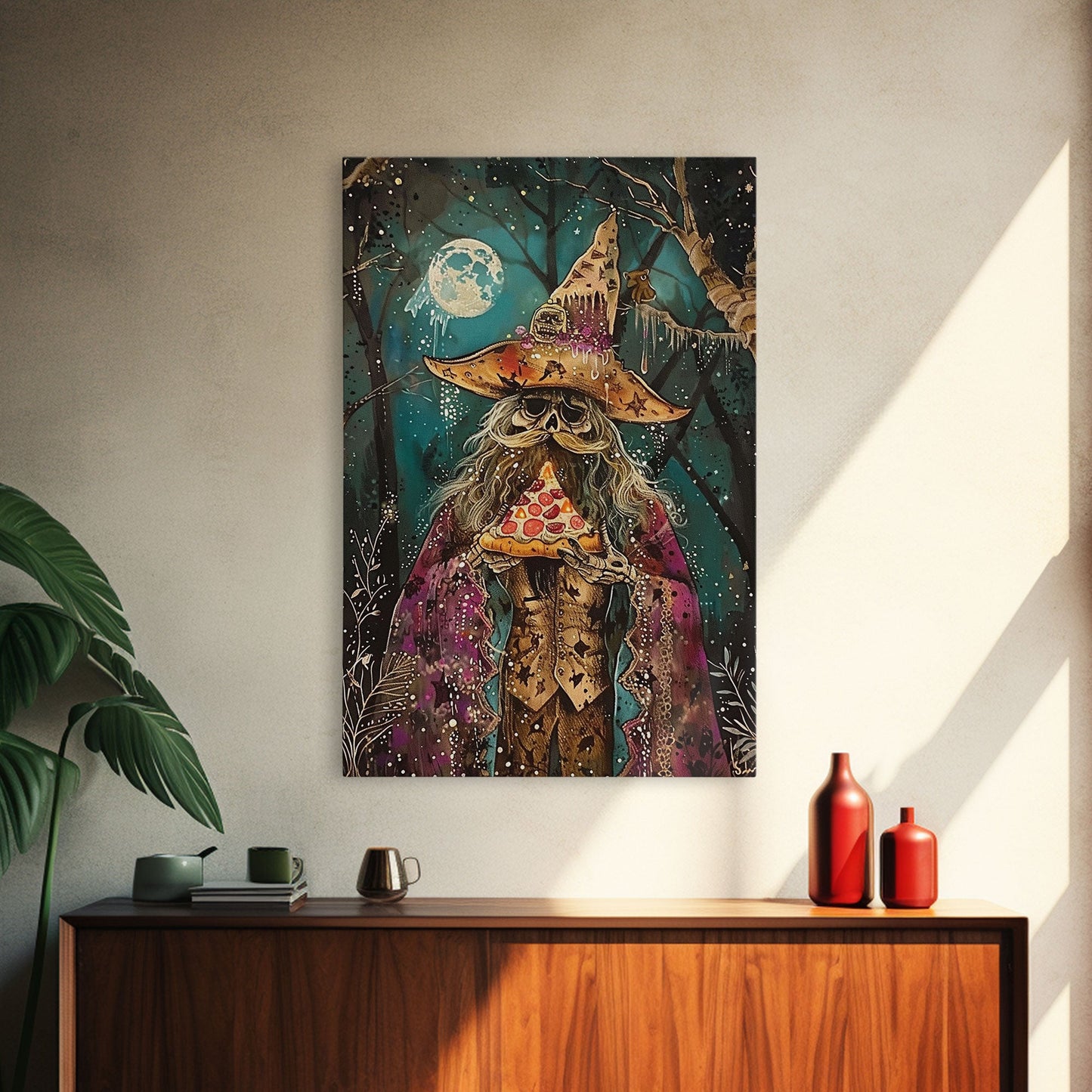 Ghostly Wizard Having A  Slice of Pizza, Funny Halloween Decor, Framed Canvas Print