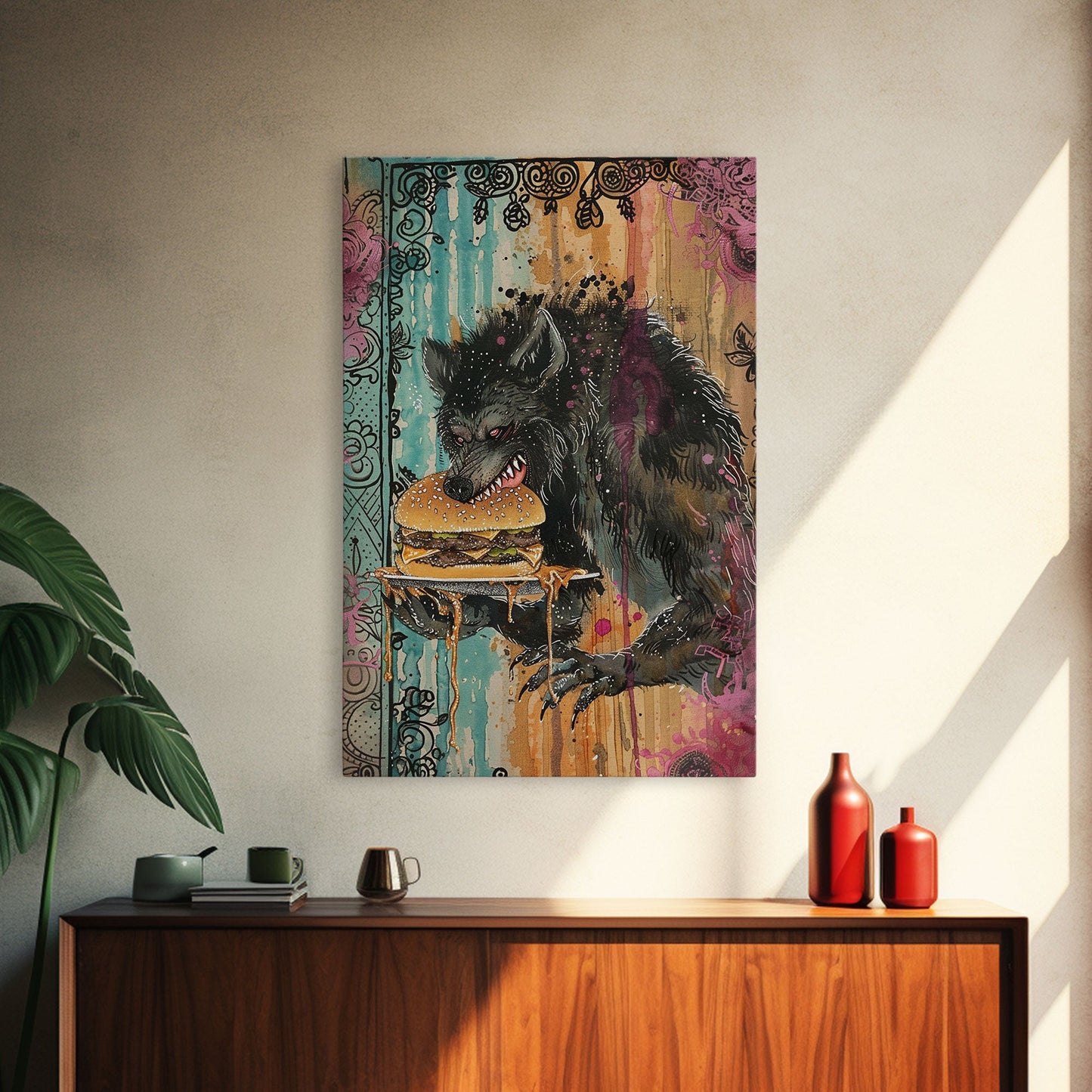 Halloween Creepy Werewolf with Burger Framed Canvas Print, Wall Art, Living Room Decor, Kitchen Art, Unique Halloween Gift, Spooky Decor