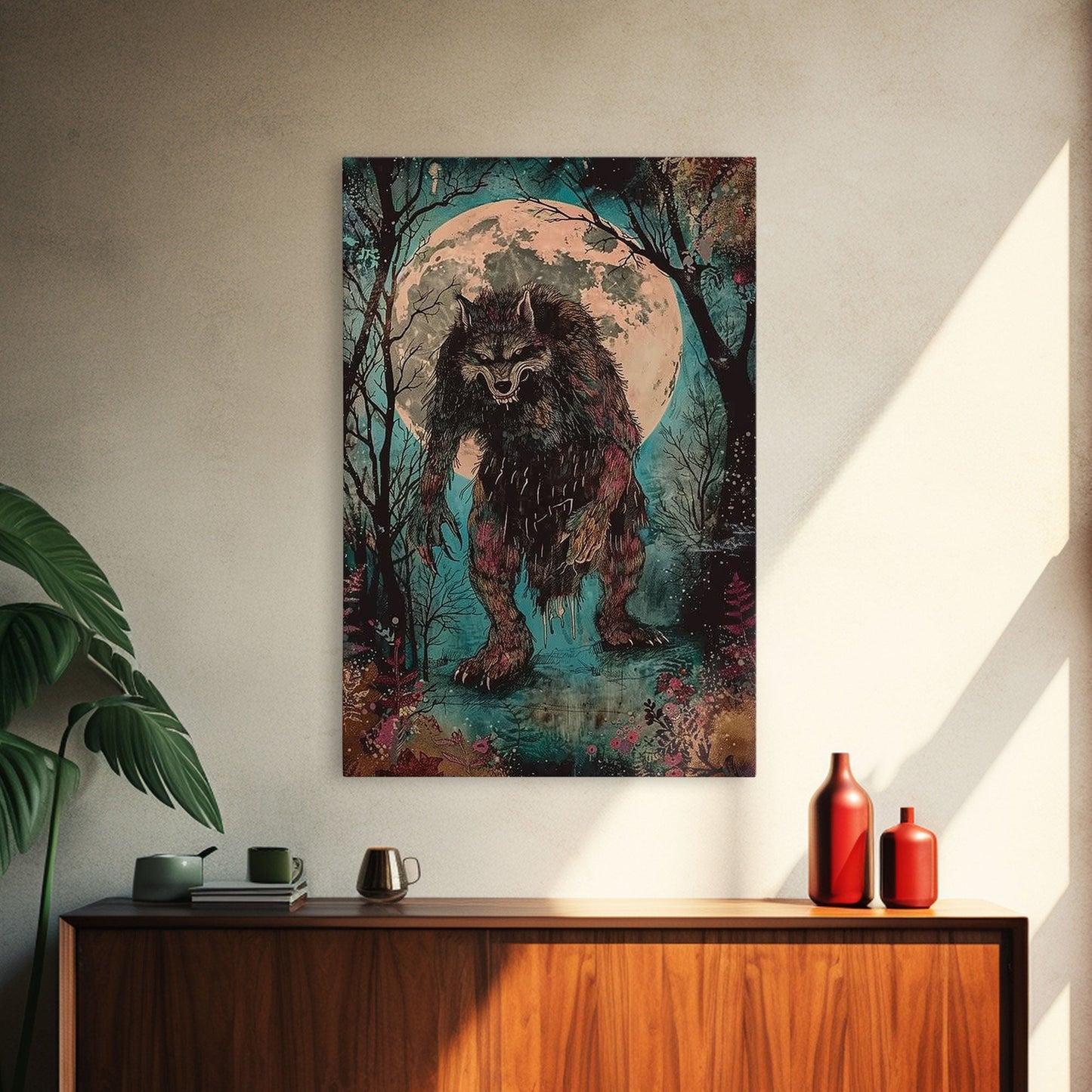 Halloween Horror Full Moon Werewolf Framed Canvas Print, Wall Art, Living Room Decor, Halloween Decor, Spooky Wall Hanging, Haunted House