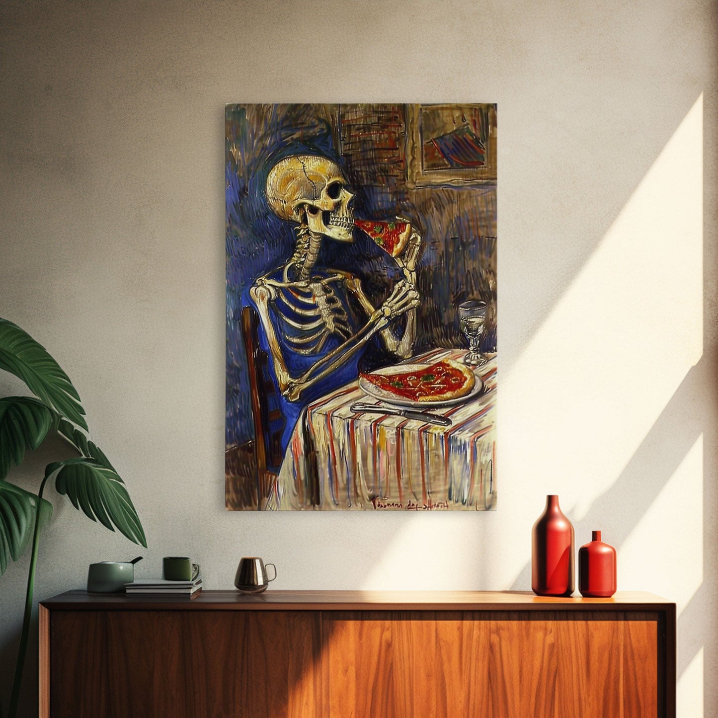 Funny Skeleton Eating A Pizza, Framed Canvas Print, Halloween Decor