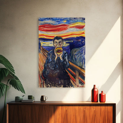 Scream-Inspired Art of a Man Eating a Hamburger, Blending Horror and Humor for a Unique Halloween Wall Art Addition