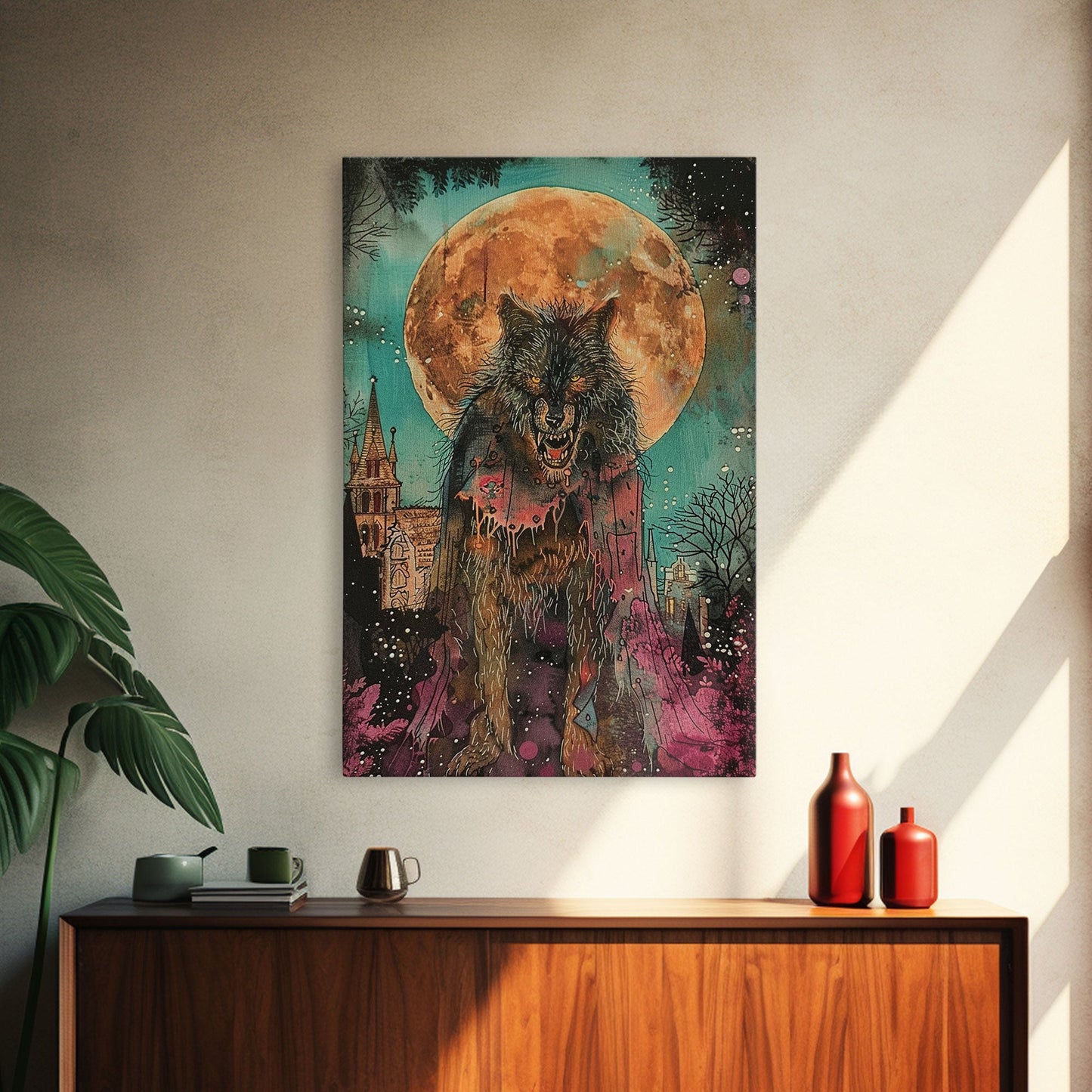 Fierce Werewolf with Blood Moon Framed Canvas Print | Halloween Monster Art | Spooky Werewolf Decor for Home | Intense Full Moon Artwork