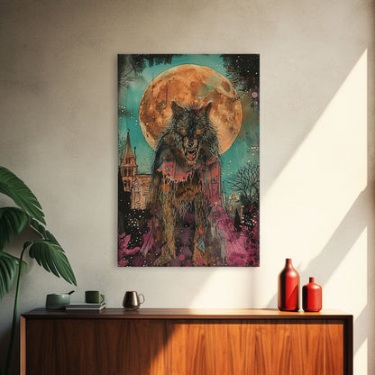 Fierce Werewolf with Blood Moon Framed Canvas Print | Halloween Monster Art | Spooky Werewolf Decor for Home | Intense Full Moon Artwork