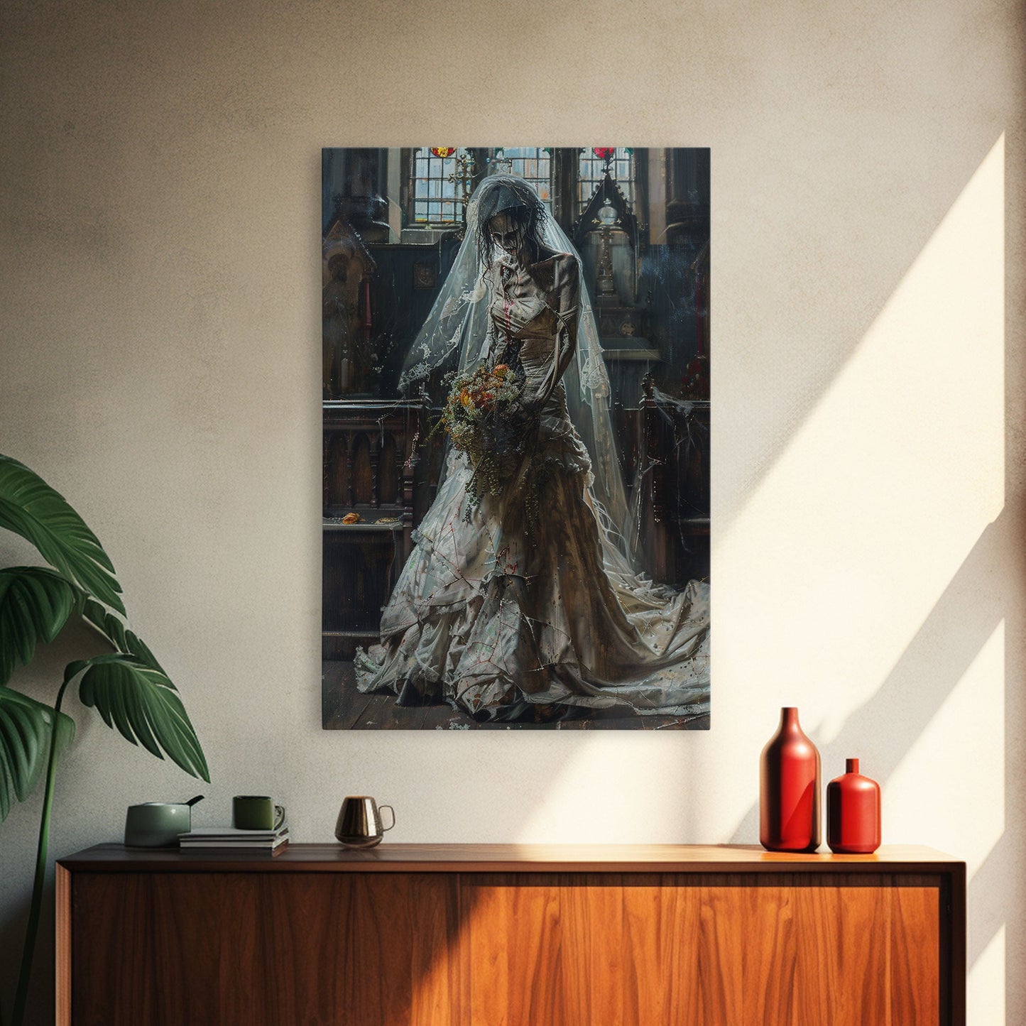 Ghostly Bride in Abandoned Church Framed Canvas Print | Halloween Bride Art | Eerie Bride Decor for Home | Haunted Wedding Artwork