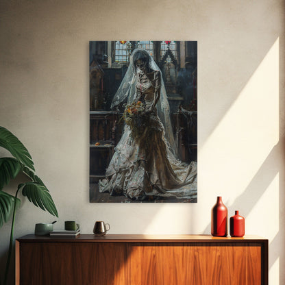 Ghostly Bride in Abandoned Church Framed Canvas Print | Halloween Bride Art | Eerie Bride Decor for Home | Haunted Wedding Artwork