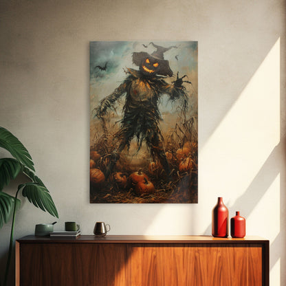 Sinister Scarecrow in Pumpkin Patch | Halloween Wall Art | Spooky Home Decor | Creepy Pumpkin Scarecrow Painting | Framed Canvas Print