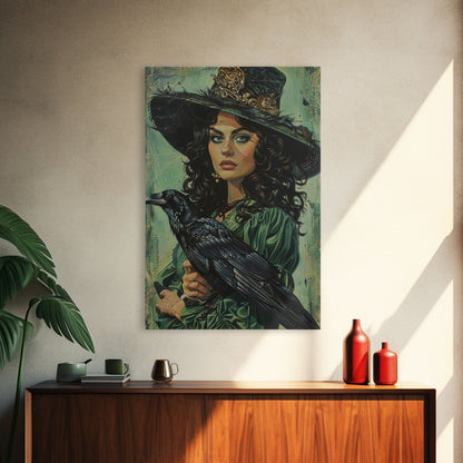 Raven Witch in Green Dress - Halloween Wall Art - Spooky Home Decor - Witch and Raven Painting - Gothic Halloween Decoration