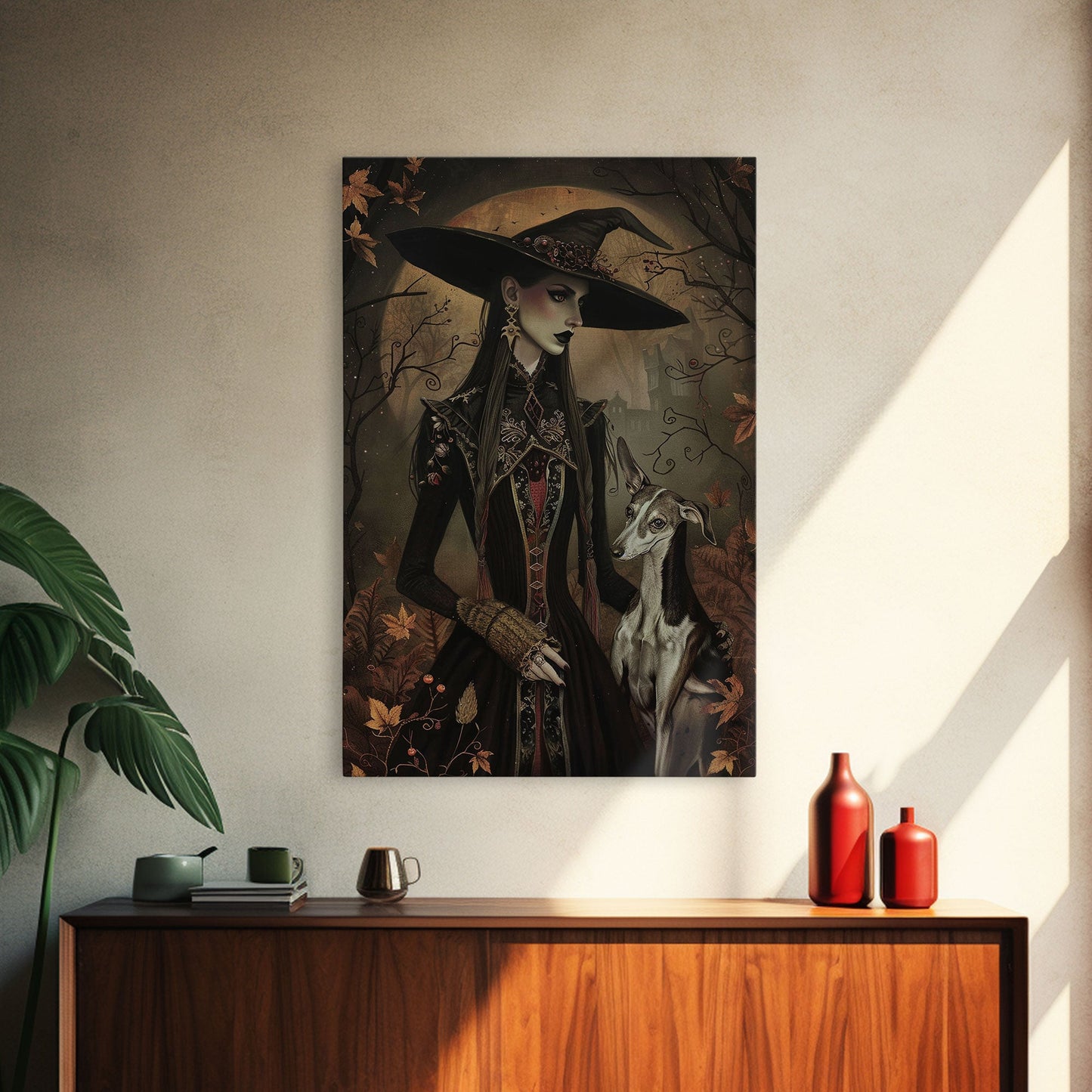 Gothic Witch with Elegant Dog, Framed Canvas Print, Dark Witch Art, Victorian Witch, Halloween Witch Decor, Gothic Home Decor