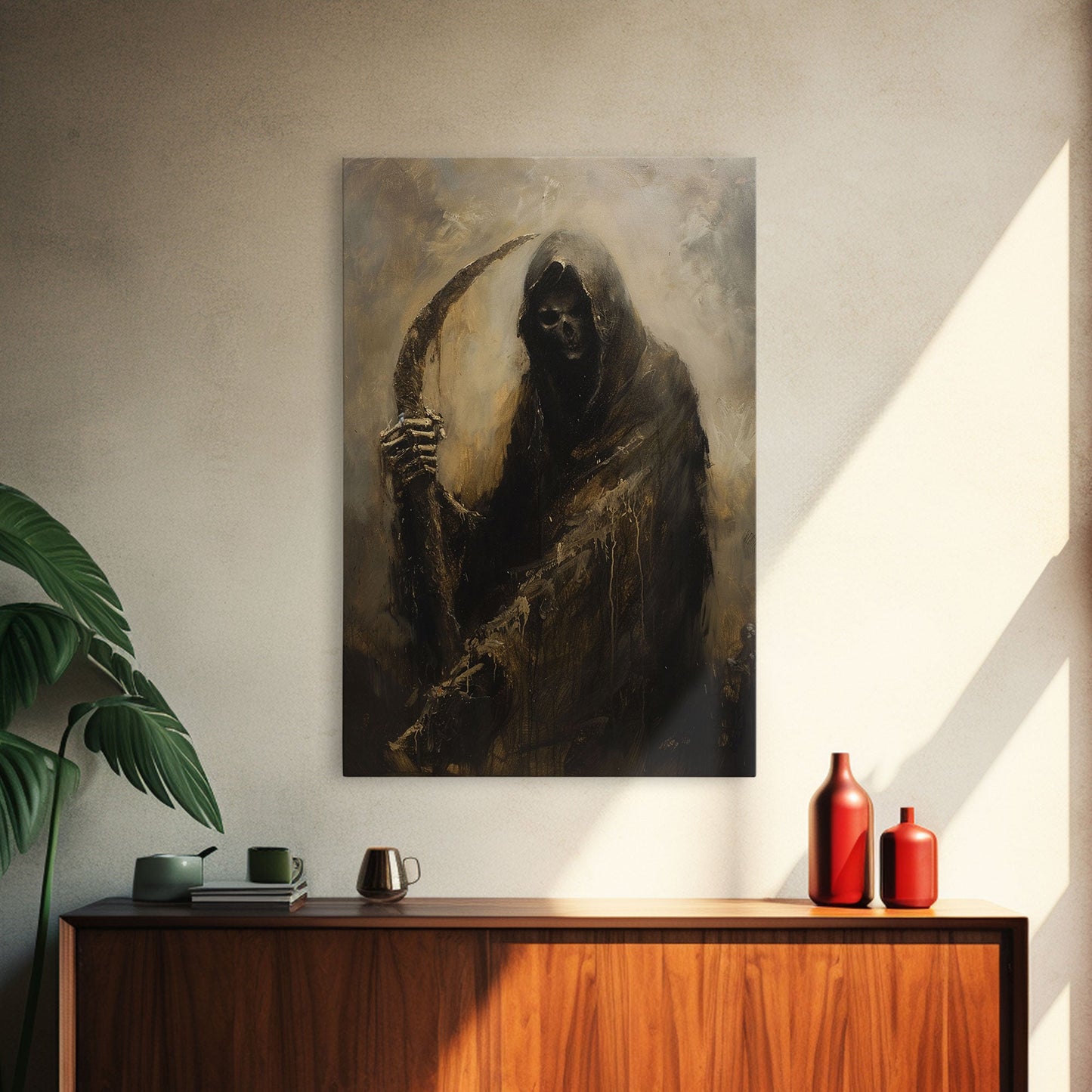 Haunting Grim Reaper with Scythe - Dark Halloween Nightmare Gothic Art Framed Canvas Print, Spooky Wall Decor