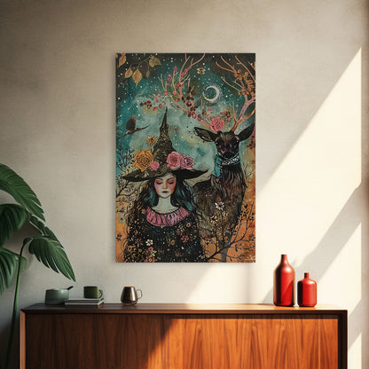 Elegant Witch with Tortoise - Halloween Art, Gothic Art, Spooky Decor, Dark Nature Art, Haunting Portrait, Framed Canvas Print