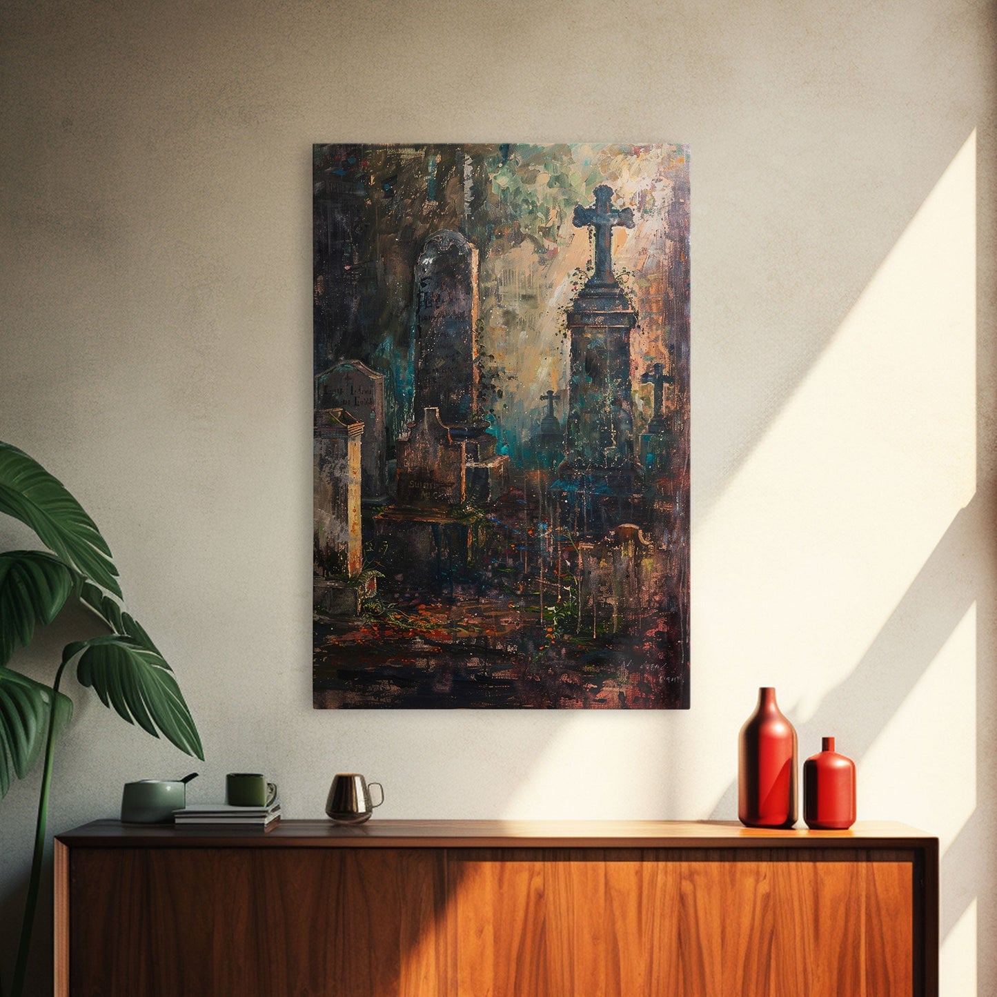 Düstere Friedhofskunst für Halloween, Gruselfriedhof, Spukfriedhof, unheimliche Grabsteine, dunkle Kunstwerke, gerahmter Leinwanddruck