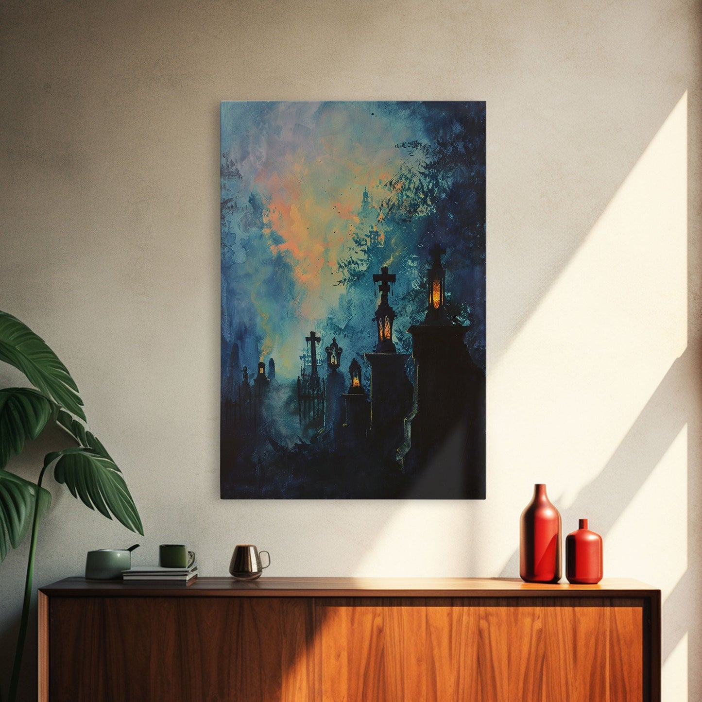 Haunted Cemetery Framed Canvas Print, Halloween Wall Art, Gothic Graveyard Art, Spooky Lantern Decor, Cemetery Lights, Horror Home Decor