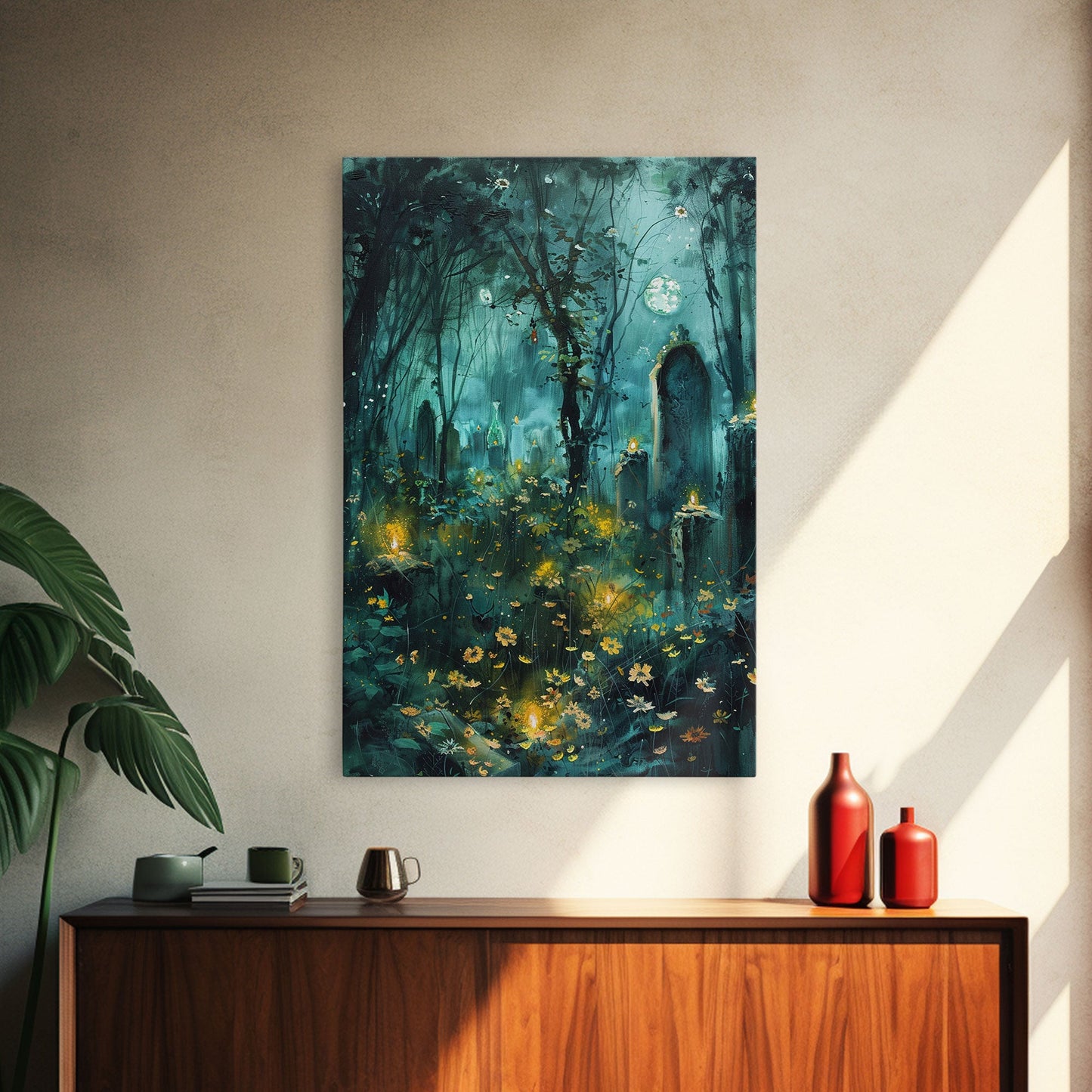 Haunted Forest Cemetery Framed Canvas Print, Wall Art, Spooky Graveyard Art, Eerie Home Decor Halloween Forest Painting Halloween Decoration