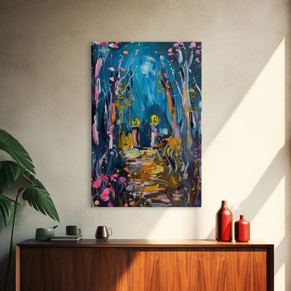 Mystical Cemetery with Glowing Flowers Framed Canvas Print, Wall Art, Halloween Graveyard Art, Enchanted Forest Decor, Spooky Artwork