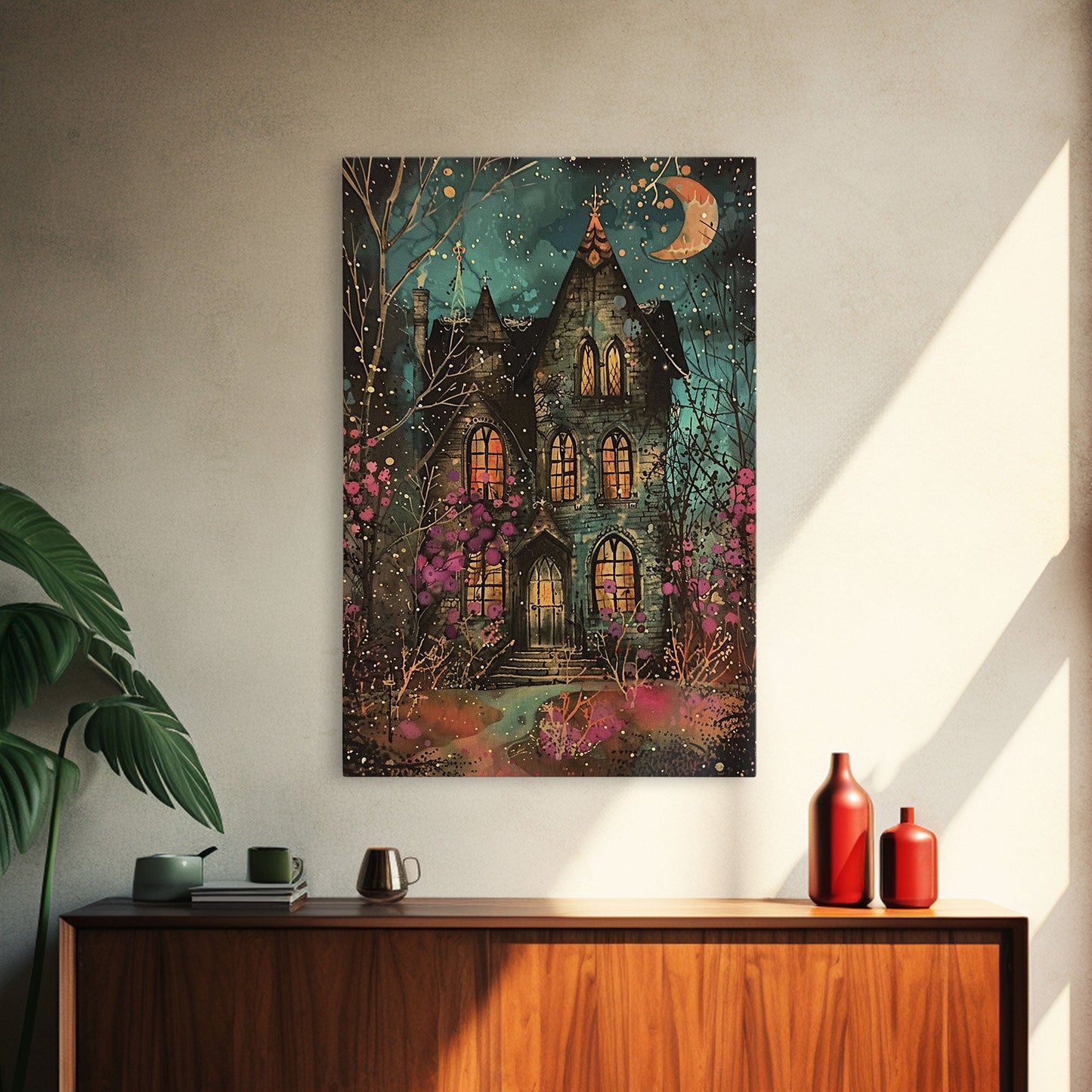 Enchanted Gothic House Framed Canvas Print, Halloween Wall Art, Spooky Art, Home Decor, Living Room Decor, Gothic Artwork, Haunted House