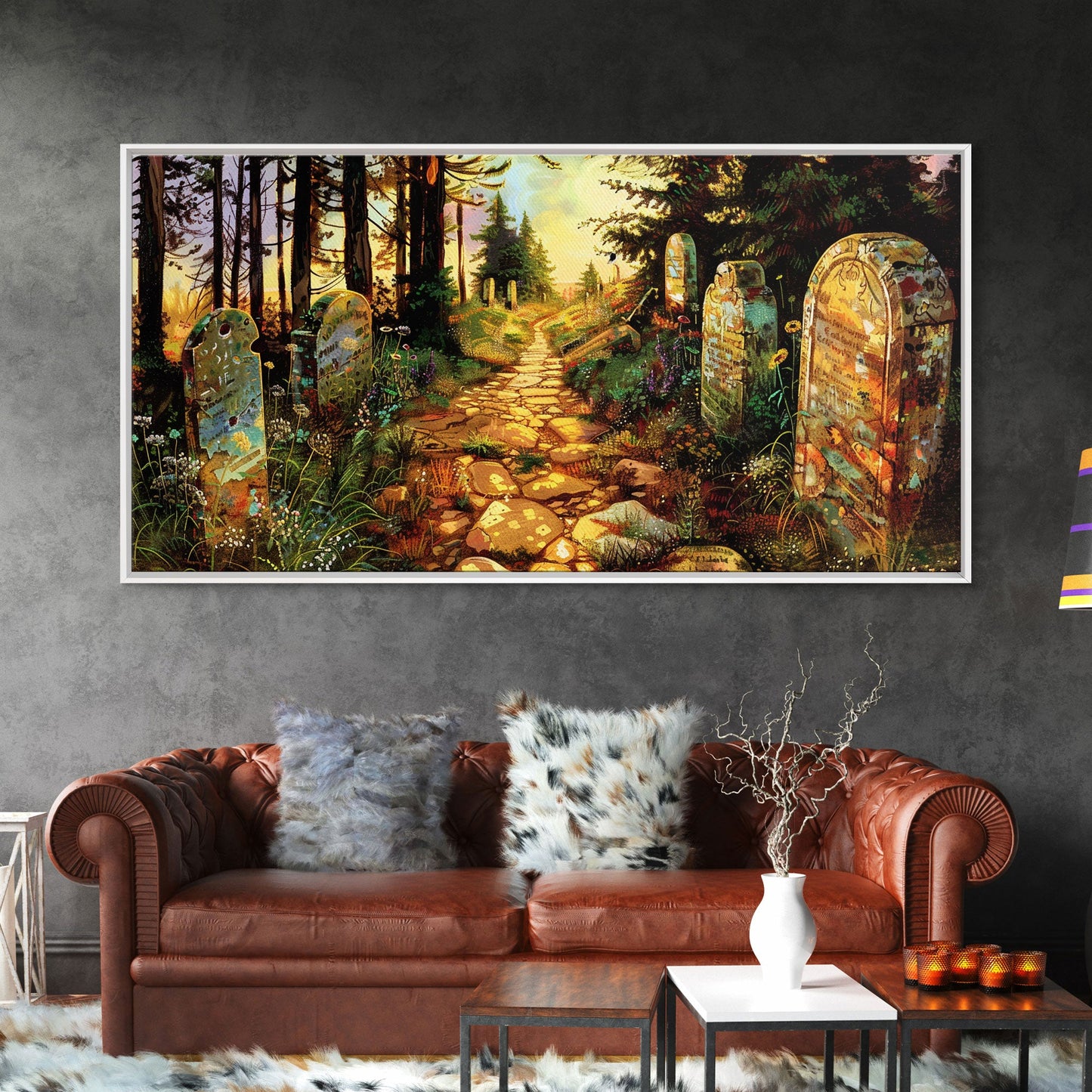 Haunted Cemetery In The Springtime, Framed Canvas Print, Colorful Halloween Decor, Halloween Wall Art