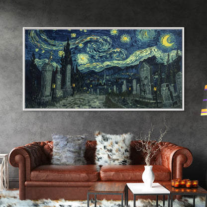 Haunted Graveyard Framed Canvas Print, Starry Night Van Gogh Inspired Halloween Decor, Spooky Vibes Halloween Gift