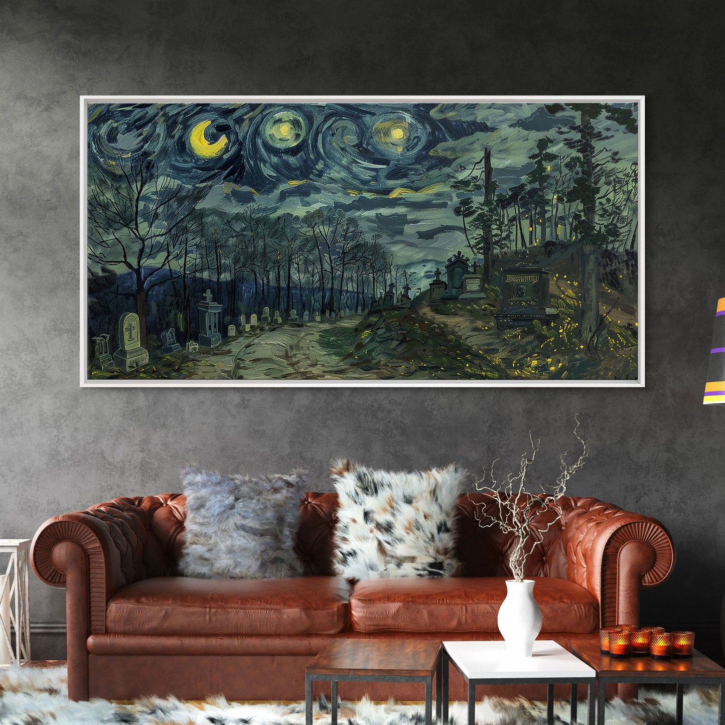 Haunted Graveyard Framed Canvas Print, Starry Night Van Gogh Inspired Halloween Decor, Spooky Vibes Halloween Gift