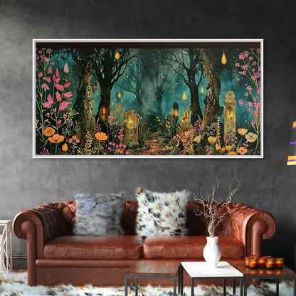 Haunted Cemetery In The Forest Framed Canvas Print, Halloween Decor, Halloween Prop Wall Art