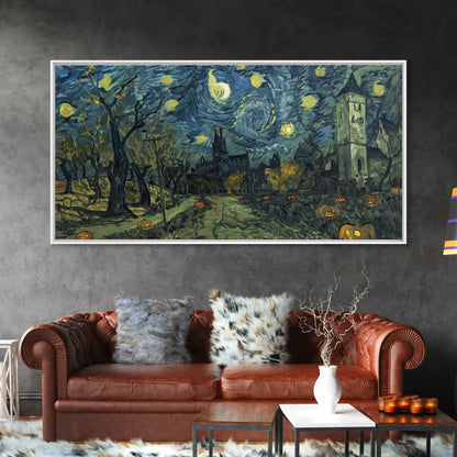 Haunted Halloween Cemetary, Starry Night Inspired Halloween Decor, Framed Canvas Print, Halloween Props
