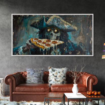 Spooky Pizza Pirate, Framed Canvas Print, Ghostly Pirate Havin a Slice of Pizza, kinda funny idk