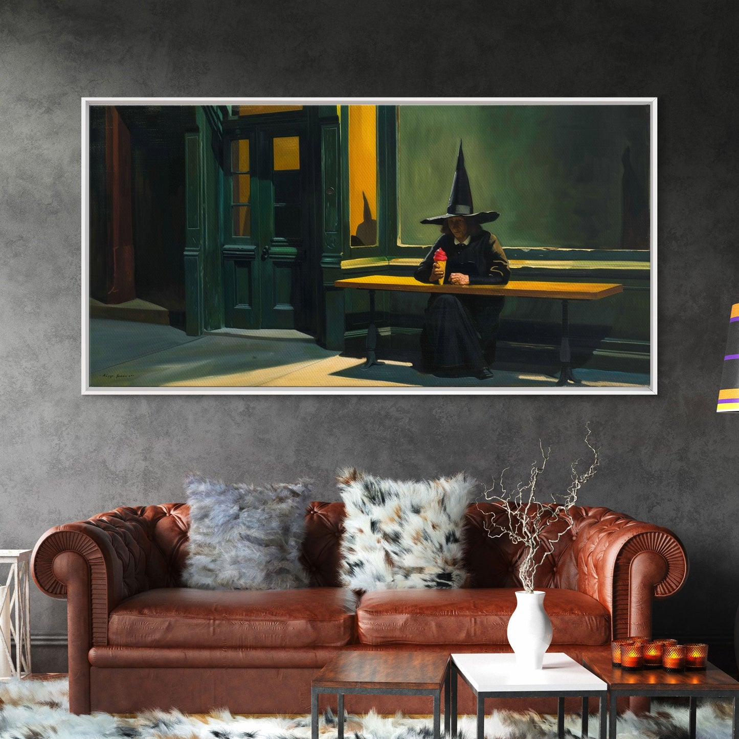 Sad Witch Having an Ice Cream Cone, Funny Halloween Art, Framed Canvas Print, Liminal Art