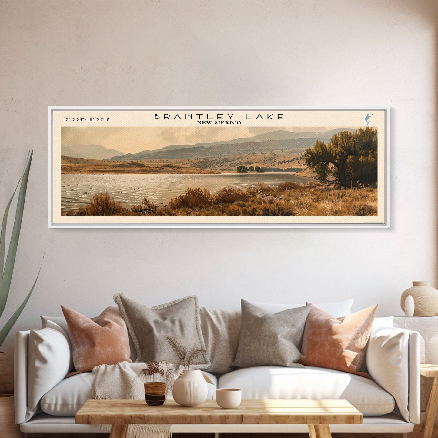 Brantley Lake New Mexico Framed Canvas Print, Lake House Art, Panoramic Wall Art, Travel Poster, Modern Lake Painting, Nature Art