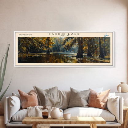 Caddo Lake Louisiana Framed Canvas Print, Lake House Decor, Panoramic Wall Art, Travel Poster, Rustic Lake Painting, Nature Art