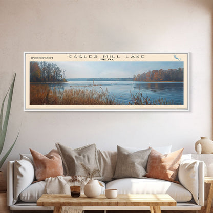 Cagles Mill Lake Indiana Framed Canvas Print, Lake House Art, Panoramic Travel Poster, Wall Art, Modern Lake Painting, Home Decor