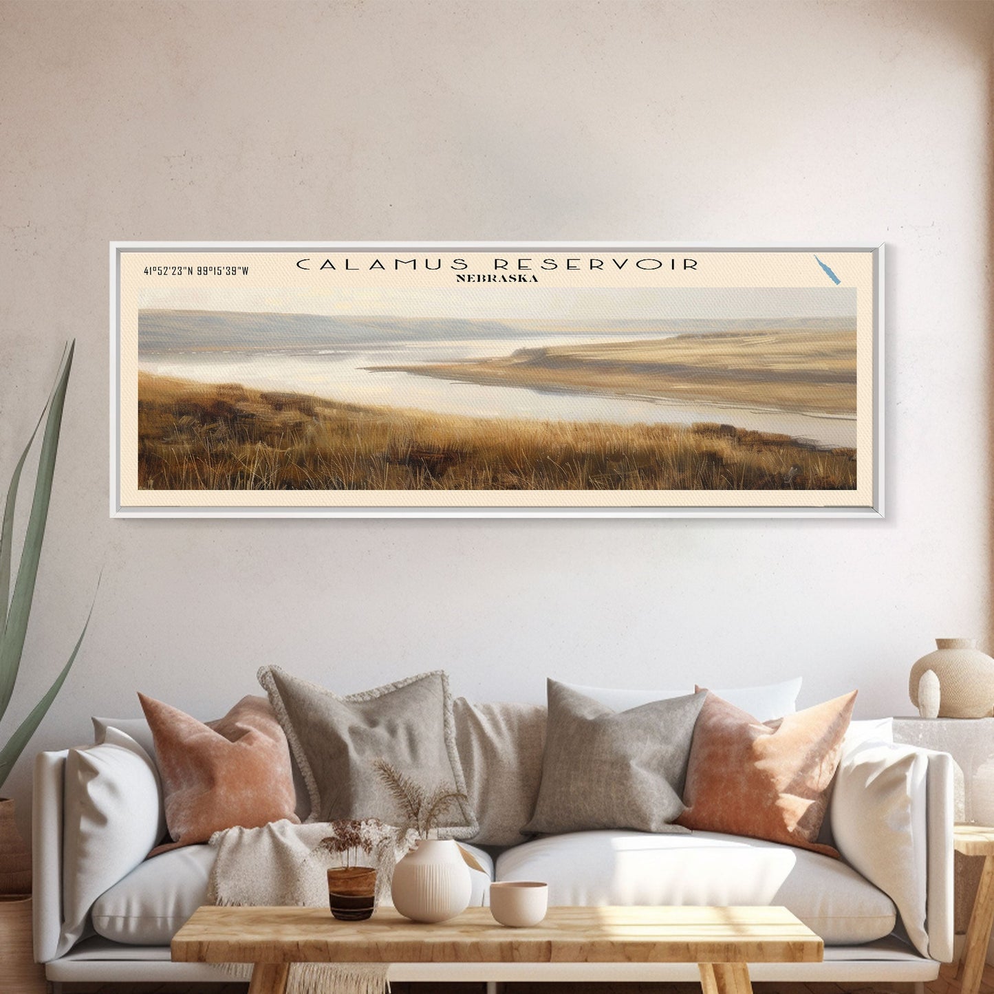 Calamus Reservoir Nebraska Framed Canvas Print, Panoramic Lake House Decor, Wall Art, Travel Poster, Rustic Lake Painting, Nature Art
