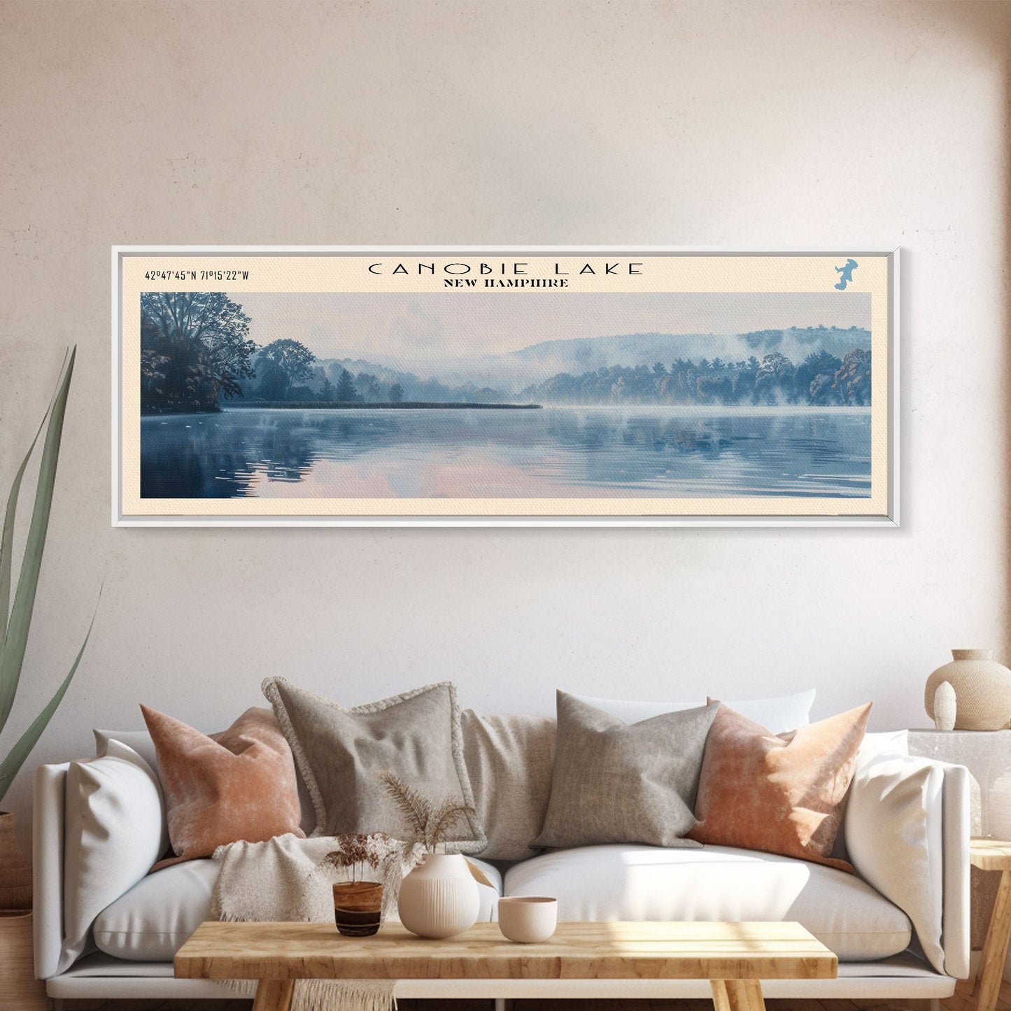 Canobie Lake New Hampshire Framed Canvas Print, Panoramic Lake House Art, Wall Art, Travel Poster, Modern Lake Painting, Nature Art