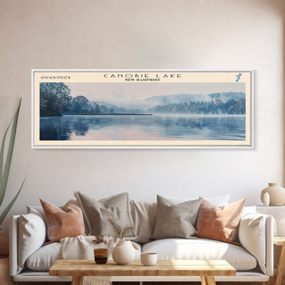 Canobie Lake New Hampshire Framed Canvas Print, Panoramic Lake House Art, Wall Art, Travel Poster, Modern Lake Painting, Nature Art