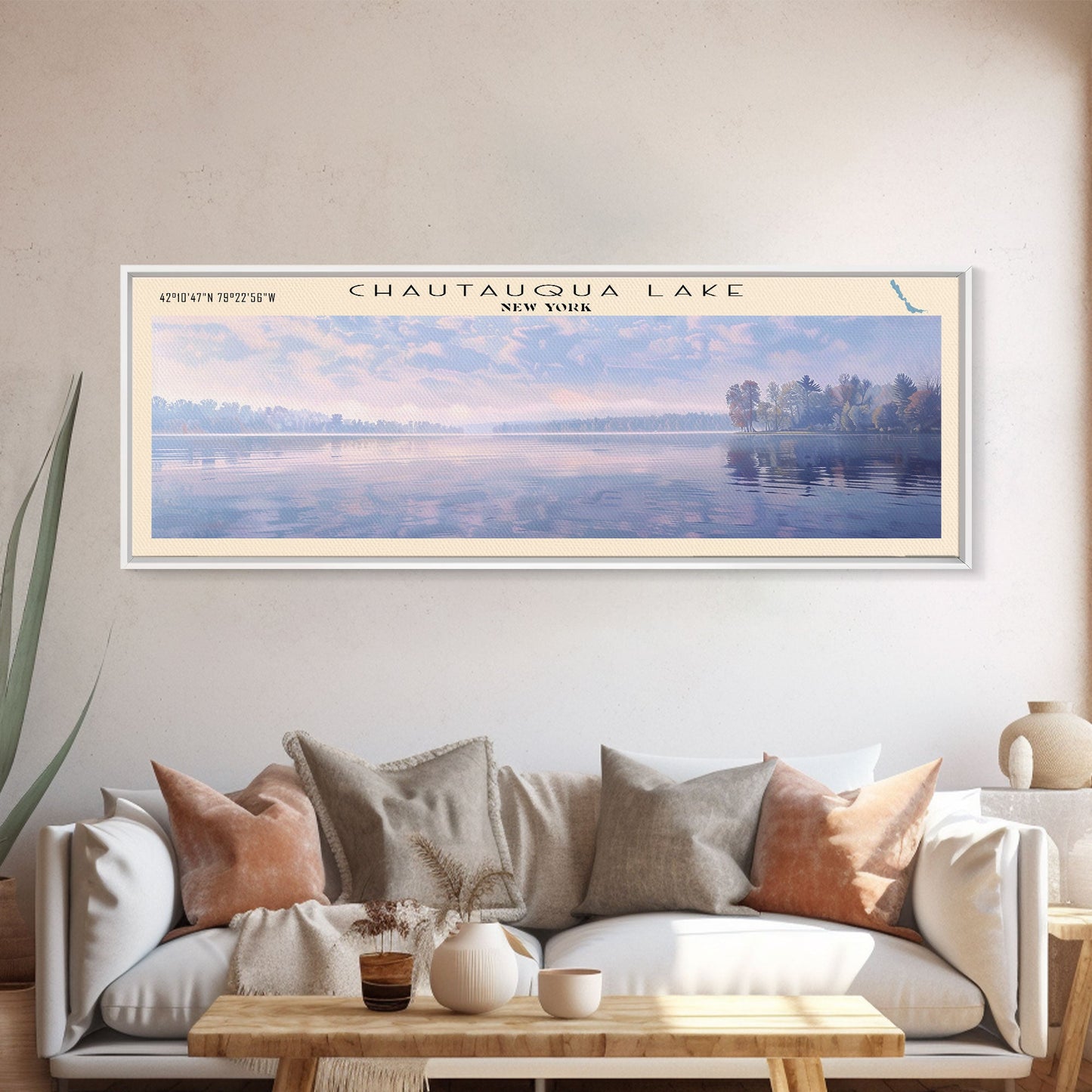 Chautauqua Lake New York Framed Canvas Print, Lake House Art, Panoramic Wide Wall Art, Travel Poster, Modern Lake Painting, Nature Art