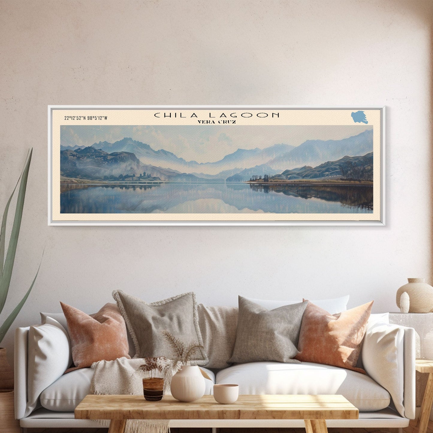 Chila Lagoon Framed Canvas Print, Panoramic Lake House Decor, Wide Wall Art, Travel Poster, Rustic Lake Painting, Home Decor