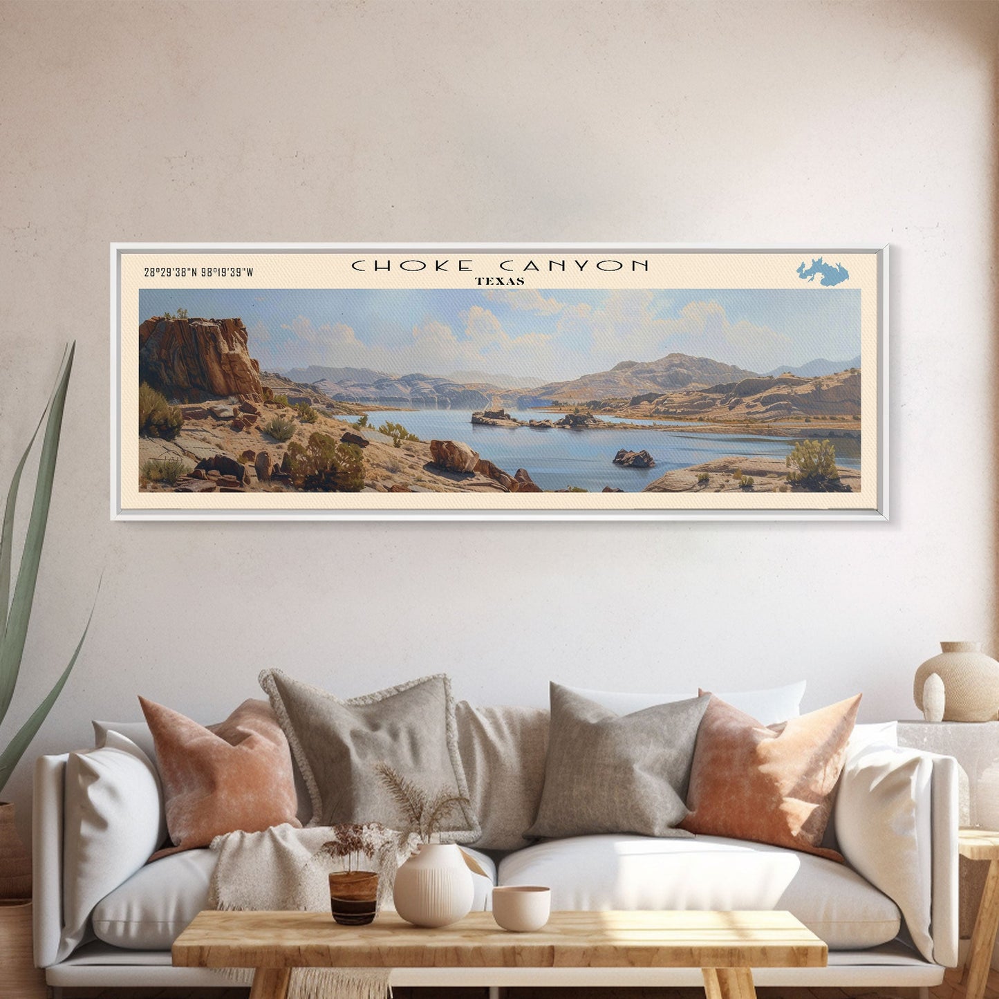 Choke Canyon Reservoir Framed Canvas Print, Panoramic Lake House Decor, Wide Wall Art, Travel Poster, Modern Lake Painting, Nature Art