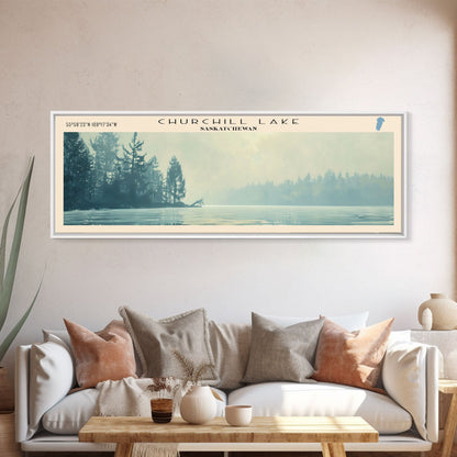Churchill Lake Framed Canvas Print, Panoramic Lake House Decor, Wide Wall Art, Travel Poster, Modern Lake Painting, Nature Art
