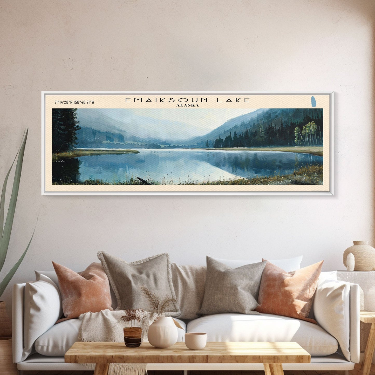 Emaiksoun Lake Framed Canvas Print, Lake House Art, Panoramic Wall Art, Travel Poster, Modern Lake Painting, Home Decor