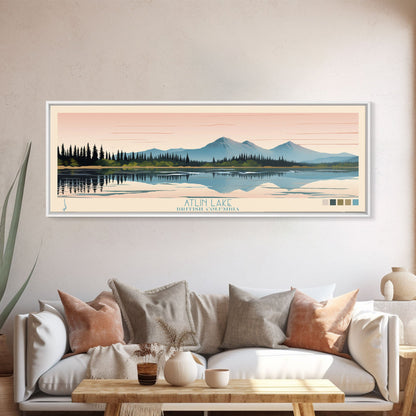 Atlin Lake British Columbia Framed Canvas Print, Panoramic Travel Poster, Midcentury Modern Wall Art, Pop Art, Bedroom Decor