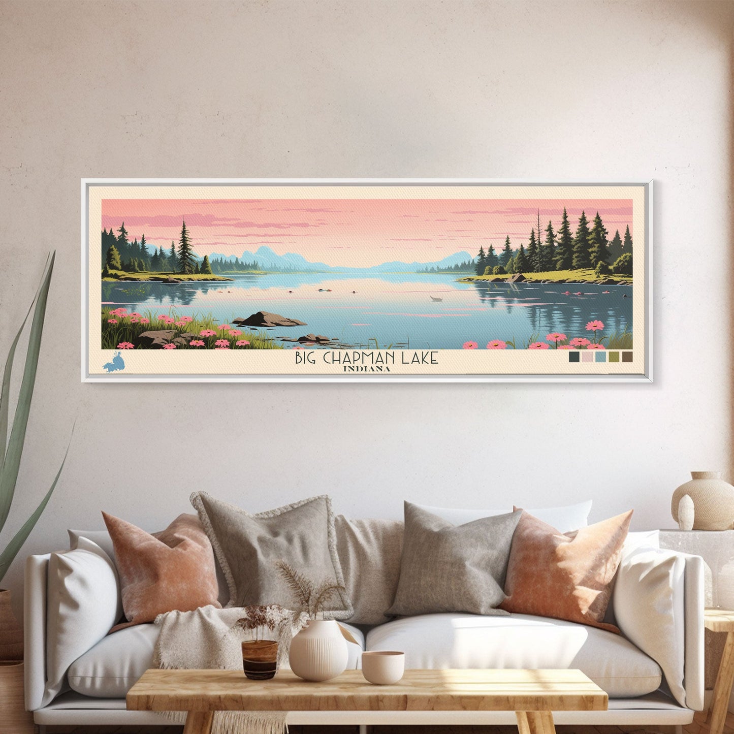 Big Chapman Lake Indiana Framed Canvas Print, Panoramic Travel Poster, Midcentury Modern Wall Art, Pop Art, Nature Lake House Art, Bedroom Decor