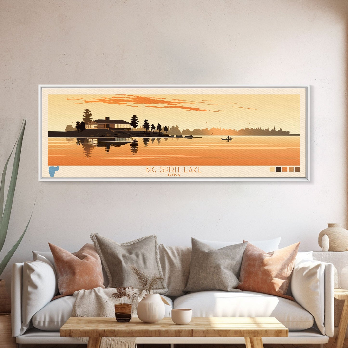 Big Spirit Lake Iowa Framed Canvas Print, Panoramic Wall Art, Midcentury Modern, Pop Art, Travel Poster, Scenic Lake House Art, Bedroom Decor