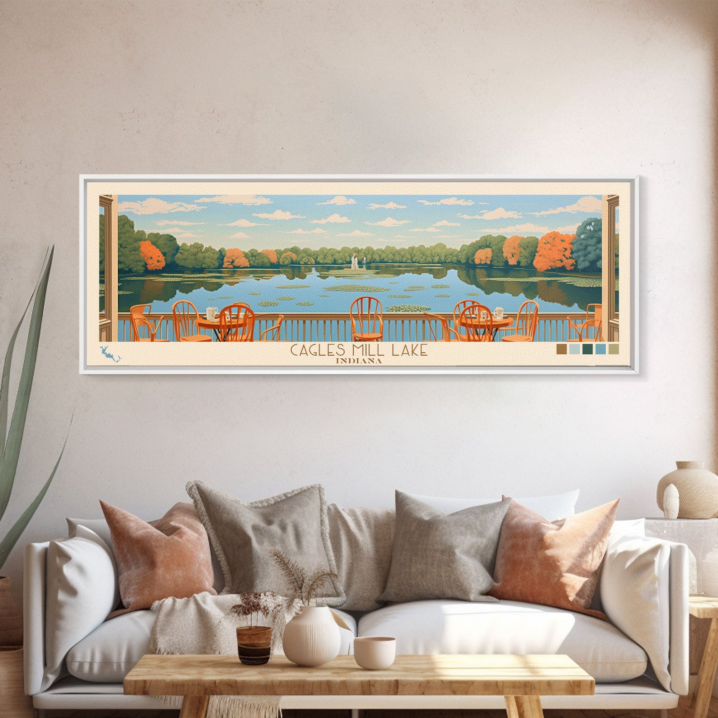 Cagles Mill Lake Indiana Framed Canvas Print, Midcentury Modern Panoramic Wall Art, Living Room Decor, Pop Art, Travel Poster Art, Scenic Nature Painting