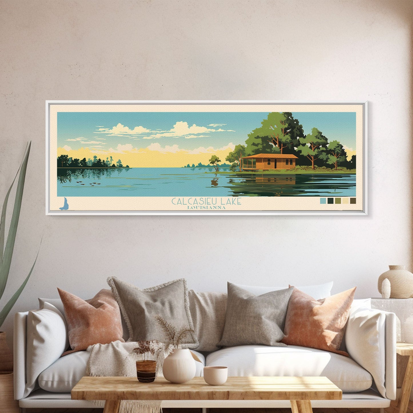 Calcasieu Lake Louisianna Framed Canvas Print, Pop Art Panoramic Travel Poster, Midcentury Modern, Wall Art, Scenic Nature Painting, Bedroom Decor