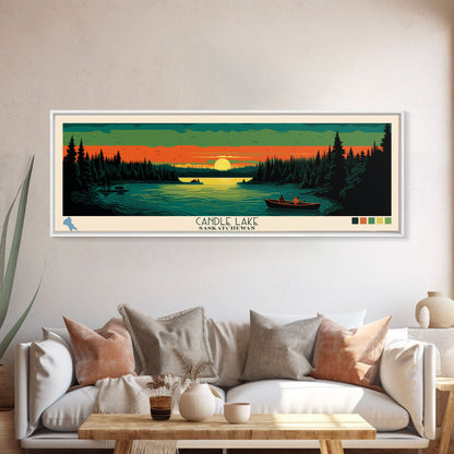 Candle Lake Saskatchewan Framed Canvas Print, Midcentury Modern Panoramic Wall Art, Living Room Decor, Pop Art, Travel Poster Art, Scenic Nature Painting